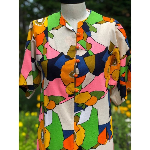 Vintage 60s/70s Psychedelic Floral Citrus Fruit Flower Power Hostess Maxi Dress - Picture 10 of 16